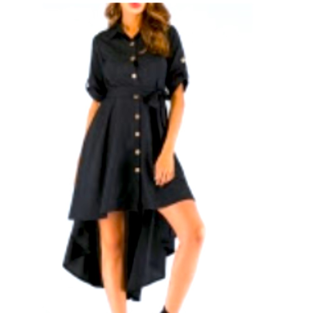 Black Casual Botton Dress High Low, Lightweight Silky material